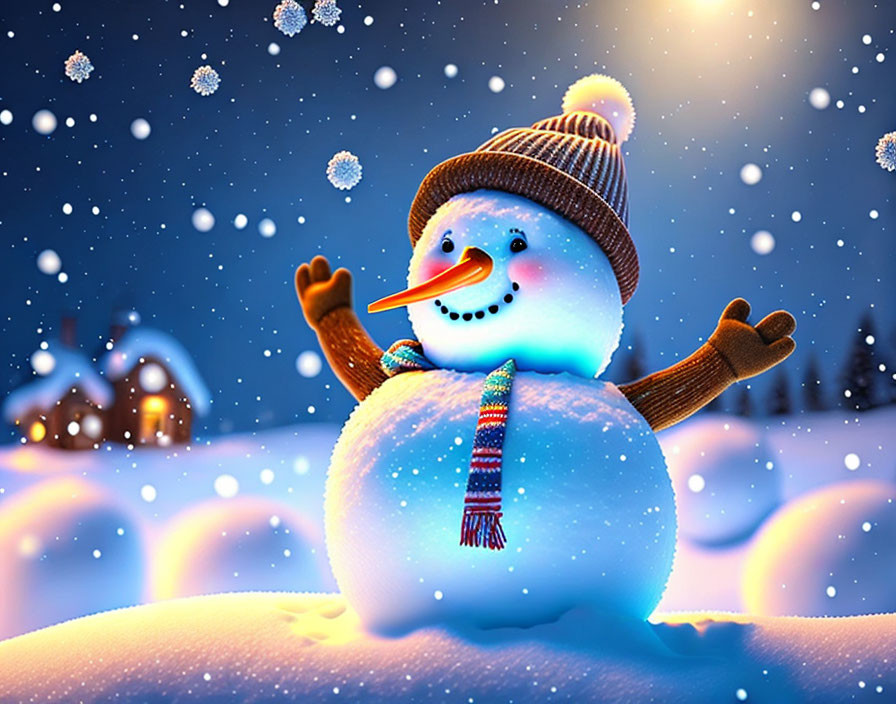 Snowman with carrot nose, hat, and scarf under snowy night sky near cozy house