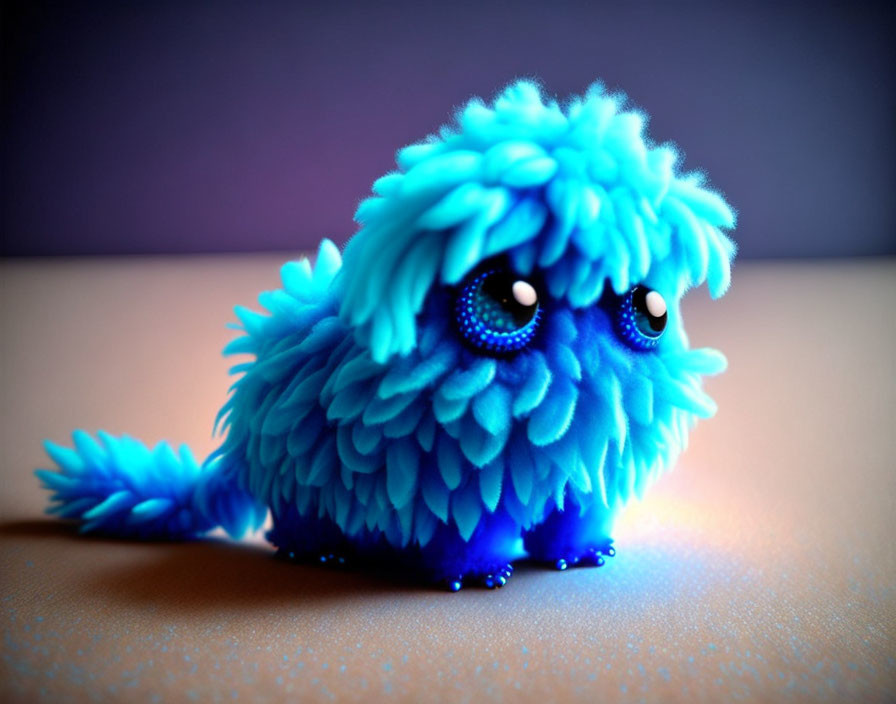 Fluffy Blue Creature with Large Eyes and Soft Fur Textures