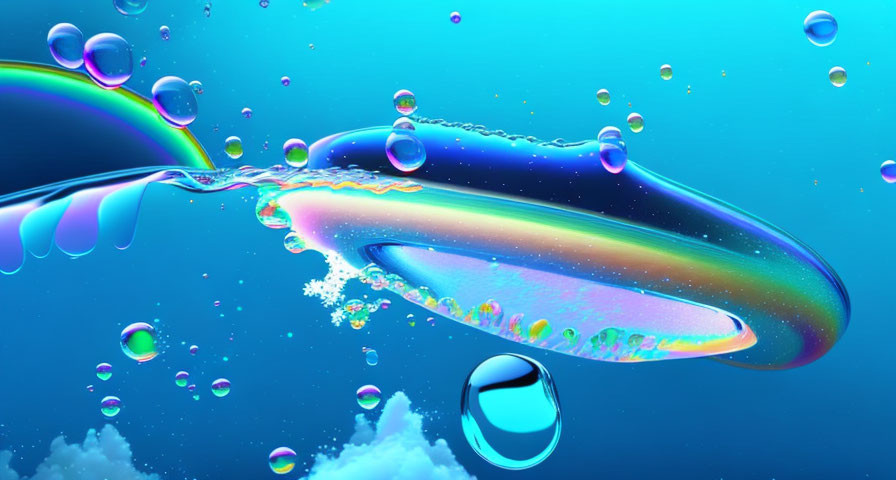 Iridescent soap bubbles on blue background, one shaped like a whale