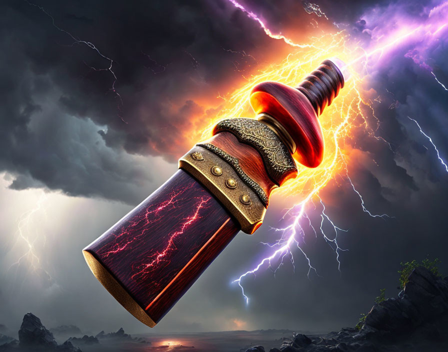 Majestic red and gold hammer amidst storm clouds symbolizes power