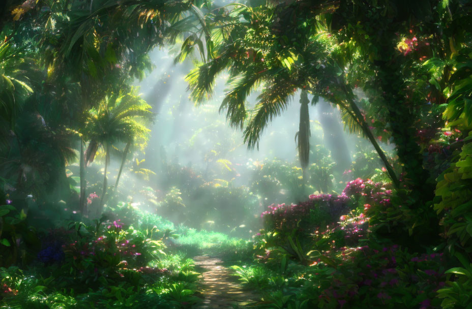 Lush Jungle Footpath with Sunlight Beams