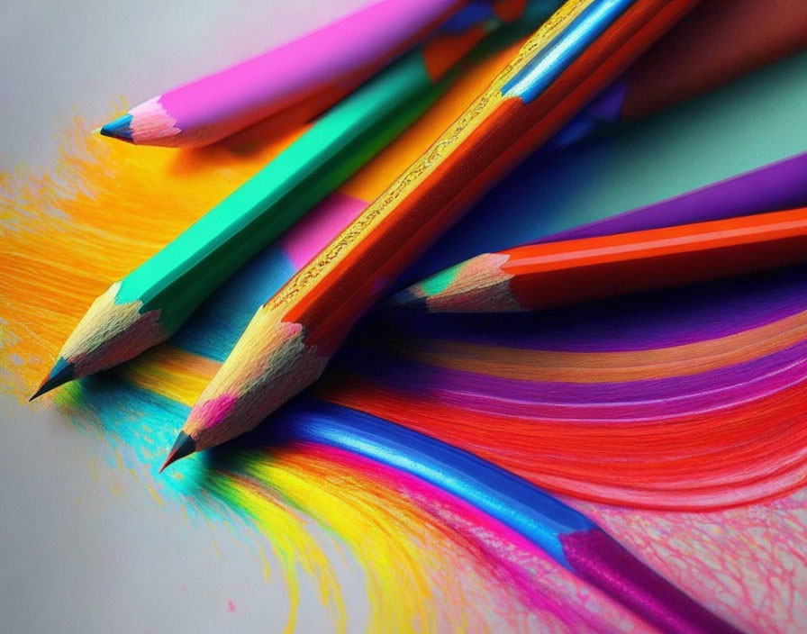 Vibrant Colorful Pencils on White Surface with Bright Strokes