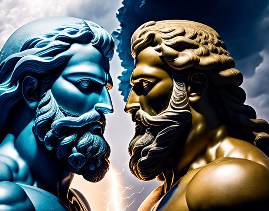 Greek god-like figures with beards in blue and warm tones against stormy backdrop