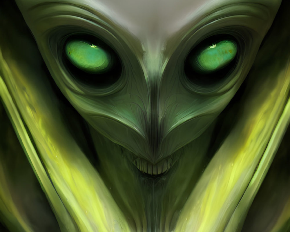 Dark digital artwork: humanoid with green glowing eyes and alien-like features