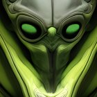 Dark digital artwork: humanoid with green glowing eyes and alien-like features