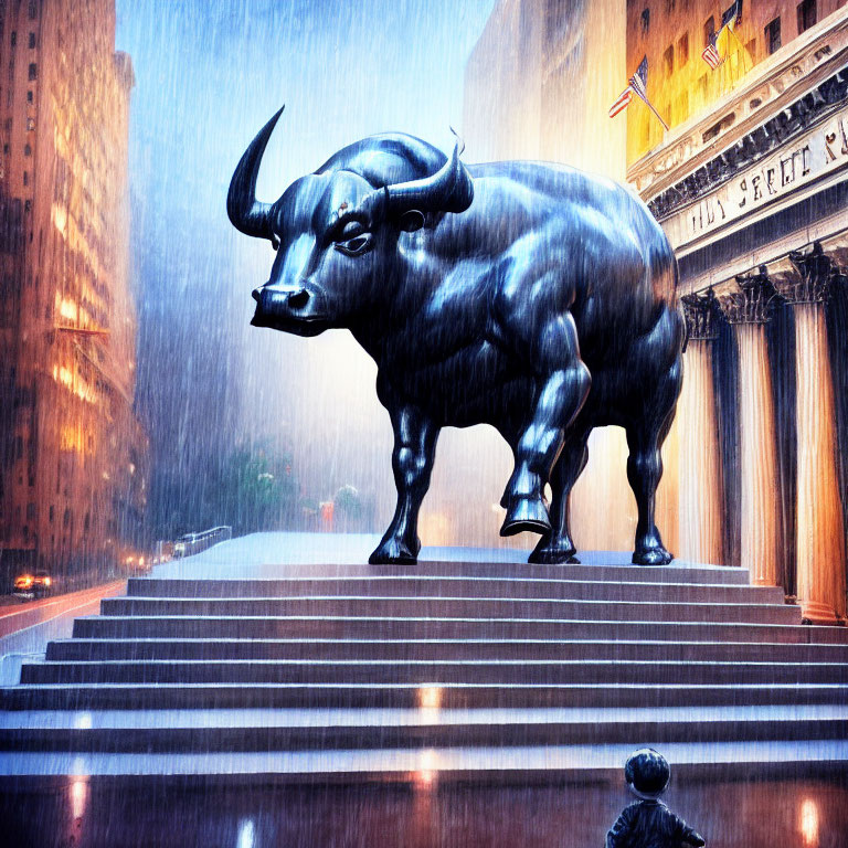 Bronze bull statue in rain with observer and city buildings in background