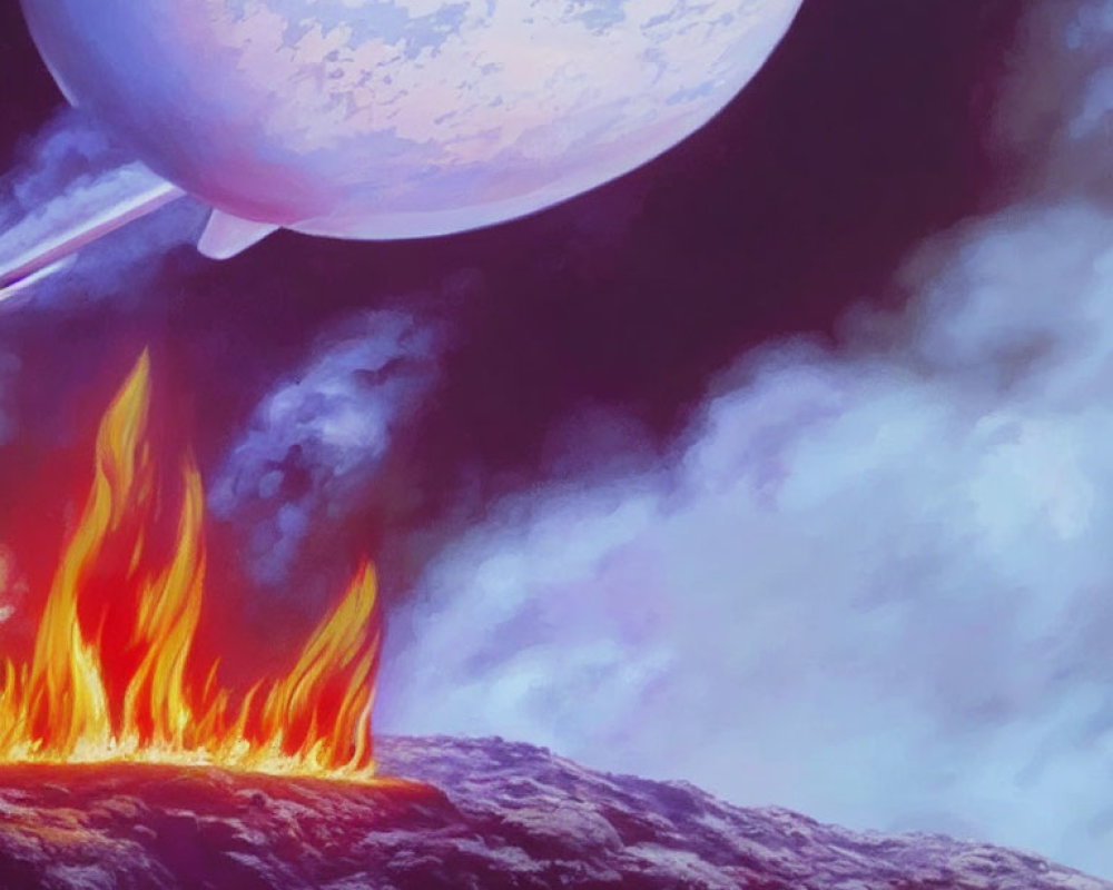 Celestial body over rocky surface with erupting flames and swirling clouds