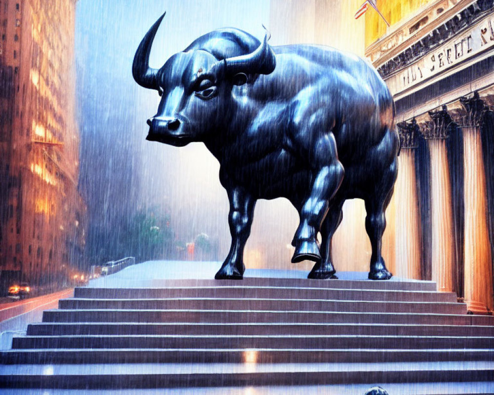 Bronze bull statue in rain with observer and city buildings in background