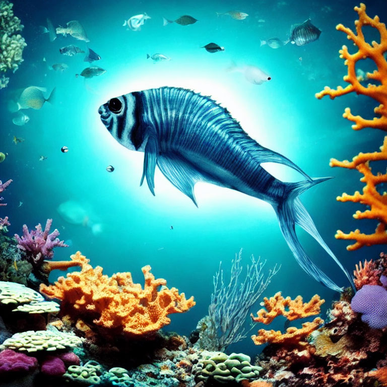 Colorful Underwater Scene with Large Fish and Corals in Clear Blue Water