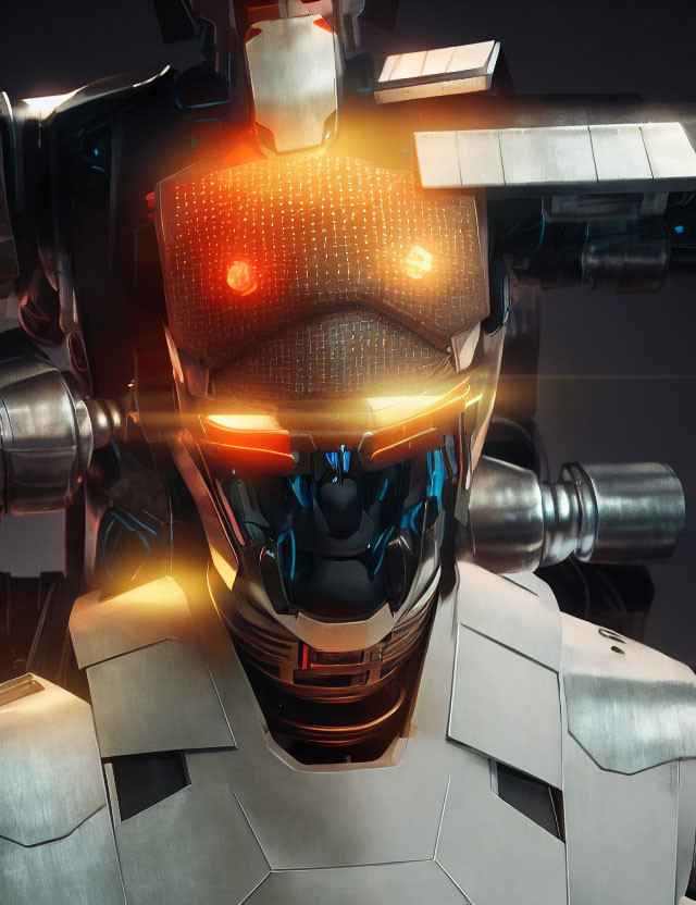 Futuristic robot with glowing orange visor and metallic armor.