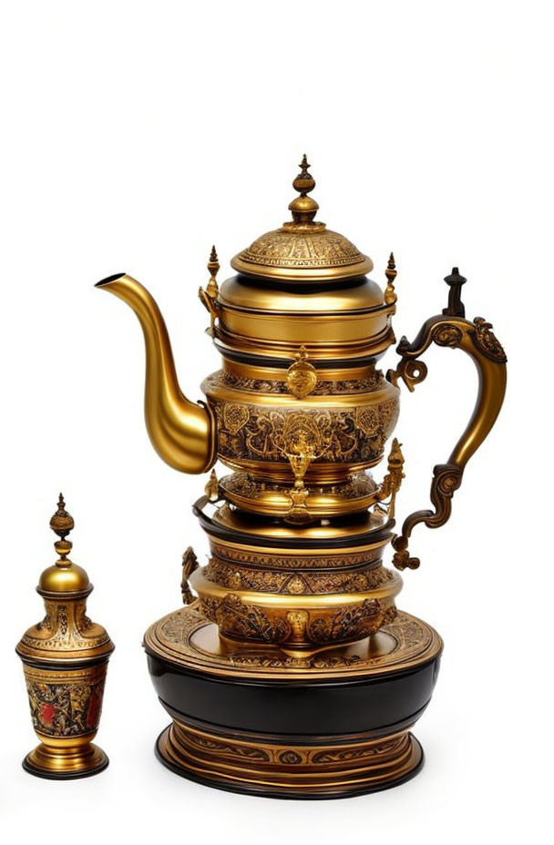 Intricate Golden Teapot & Container on Circular Base