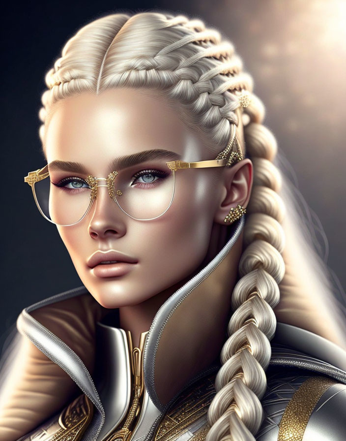 Realistic digital portrait of a woman with braided white hair and ornate gold glasses in a futuristic