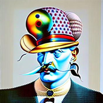 Colorful digital artwork: Man with bowler hat, monocle, mustache, and pipe