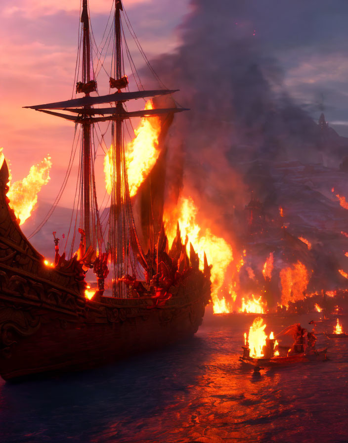 Burning ship, blazing boats, volcanic eruption at sea