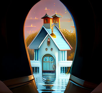 Whimsical house with towers reflected in oval window against dusk sky