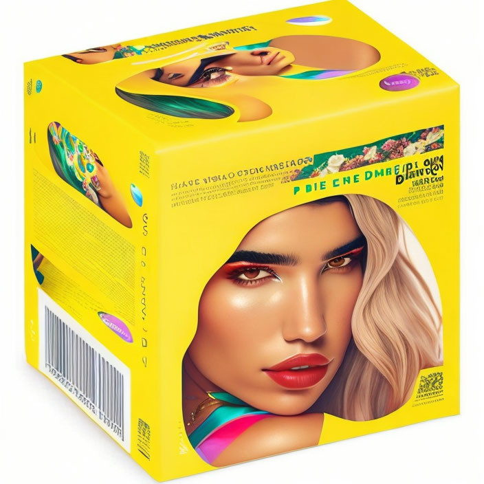 Yellow Cosmetics Box with Model Image and Barcode Displayed