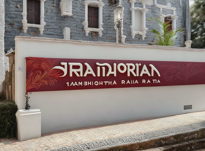 Ornate red Cyrillic sign on white wall by cobblestone sidewalk