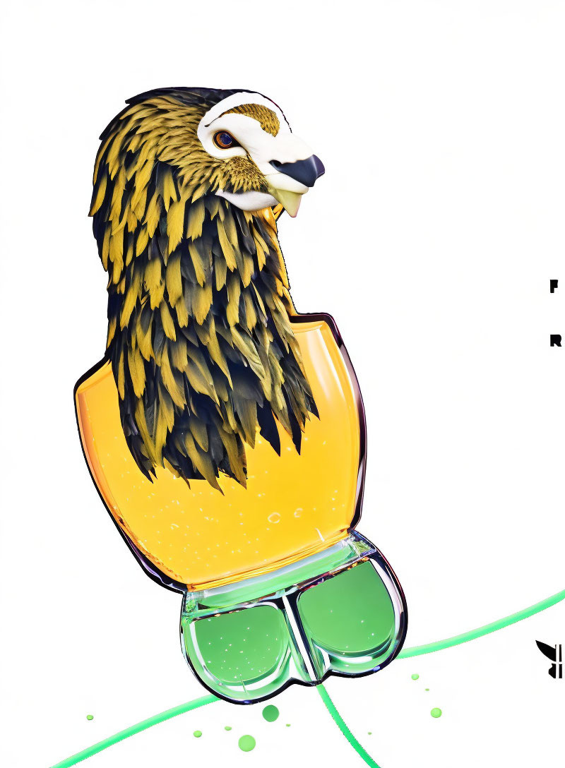 Anthropomorphized golden eagle with white mask and green sunglasses on light background