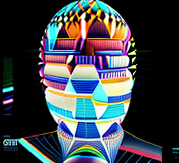 Colorful abstract digital art of stylized human head with geometric patterns & neon-like glowing outlines on dark