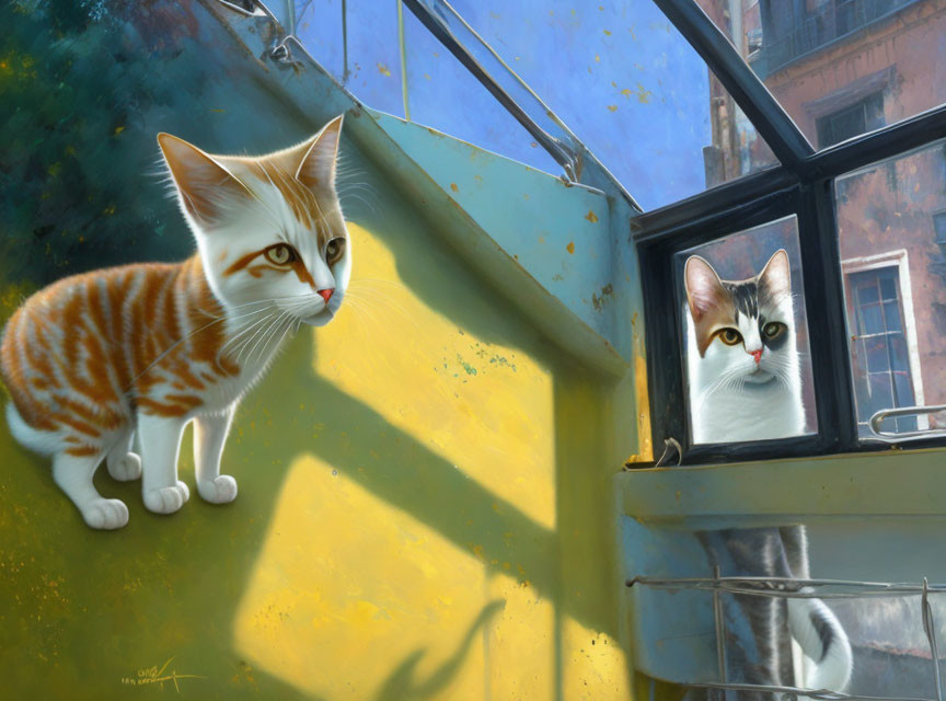 Orange and white cat with reflection in urban setting.