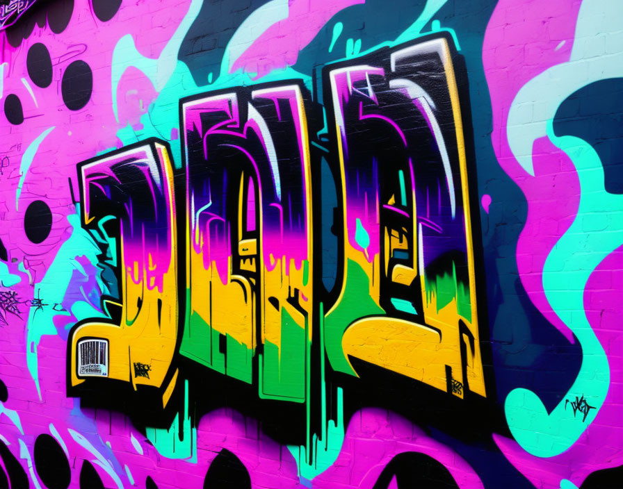 Colorful graffiti artwork with bold purple, yellow, and green hues on a pink wall