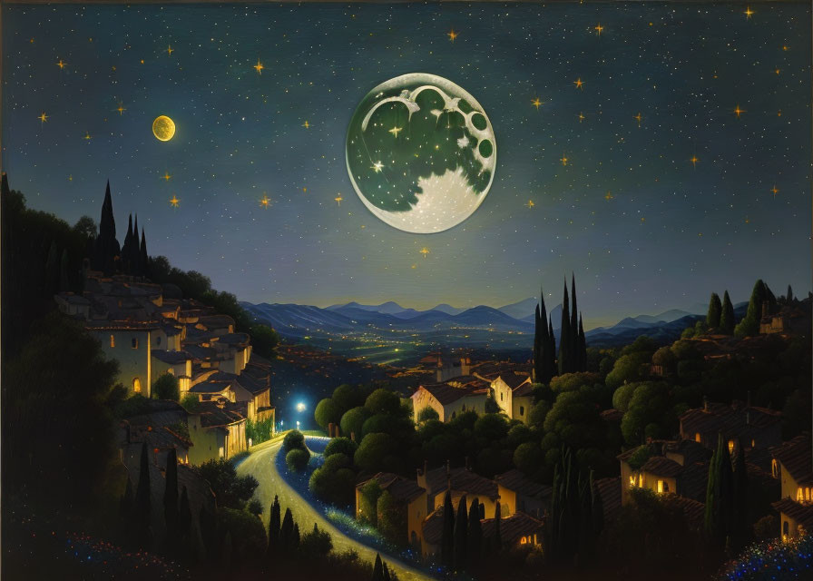 Surreal night landscape with oversized moon above quaint village