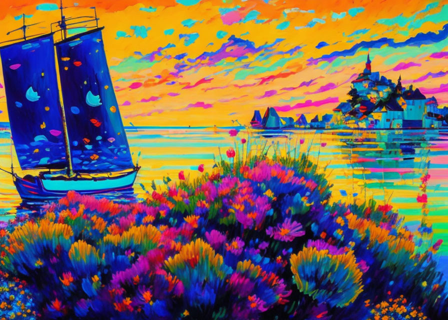 Colorful sailboat painting with vibrant sky, lush flowers, and distant village.