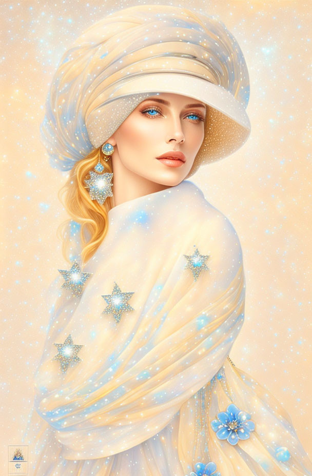 Blonde Woman with Blue Eyes in Starry Shawl and Turban