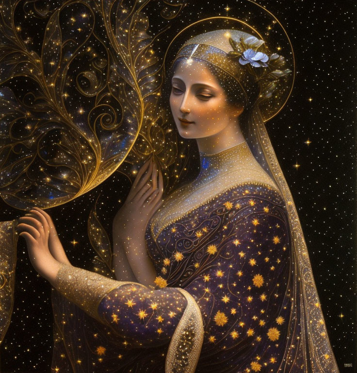 Woman in starry shawl surrounded by cosmic backdrop and swirling patterns
