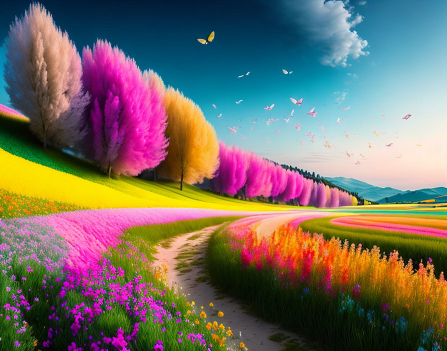 Colorful Flowering Fields and Winding Path in Vibrant Landscape