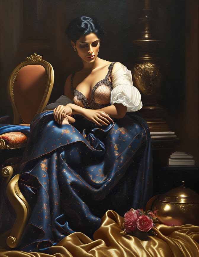 Luxurious blue and gold gown on elegant woman in gilded chair