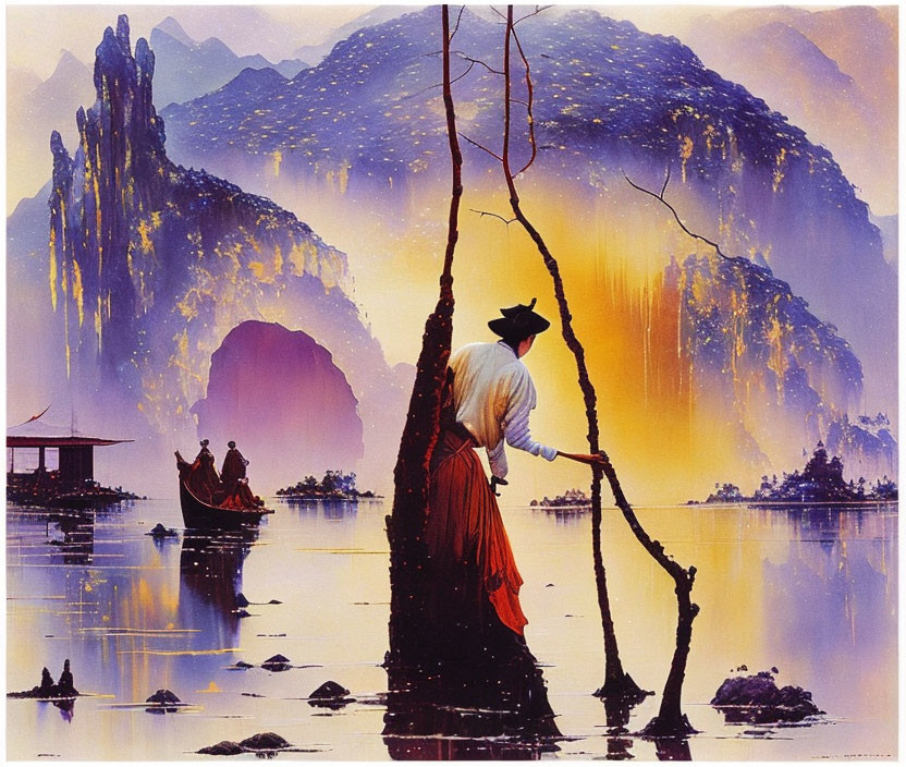 Traditional Asian landscape painting with mountains, lake, figure in hat, boats, and pavilion