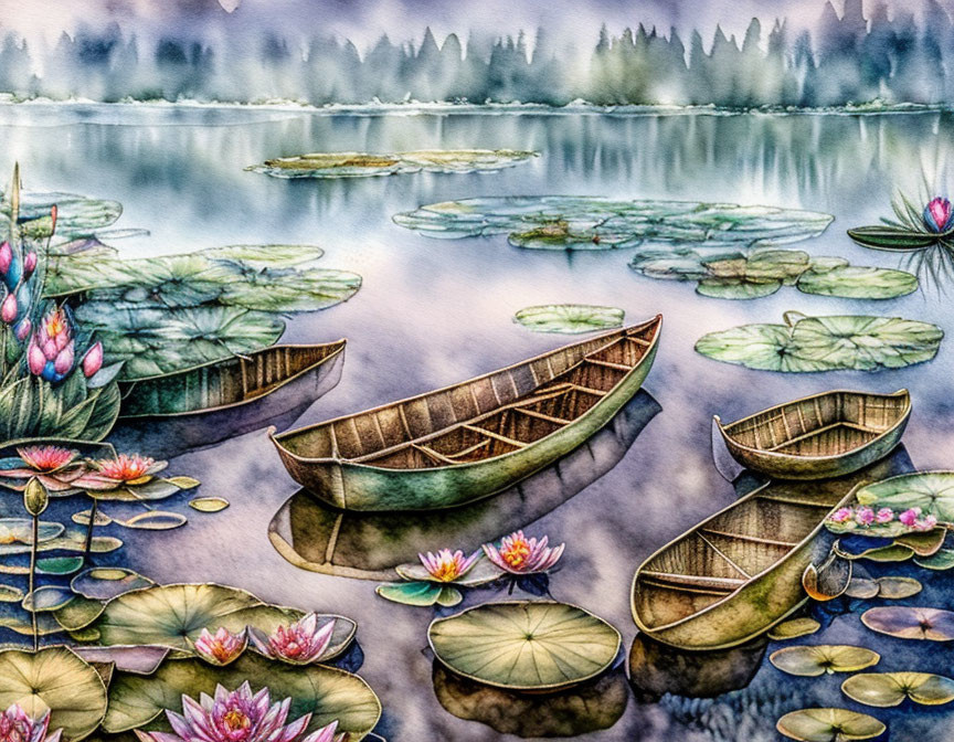 Serene Lake Landscape with Wooden Boats and Water Lilies