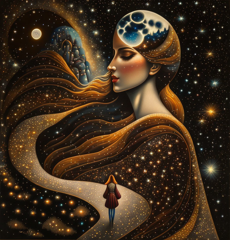 Surreal illustration of woman with cosmic landscape and celestial elements