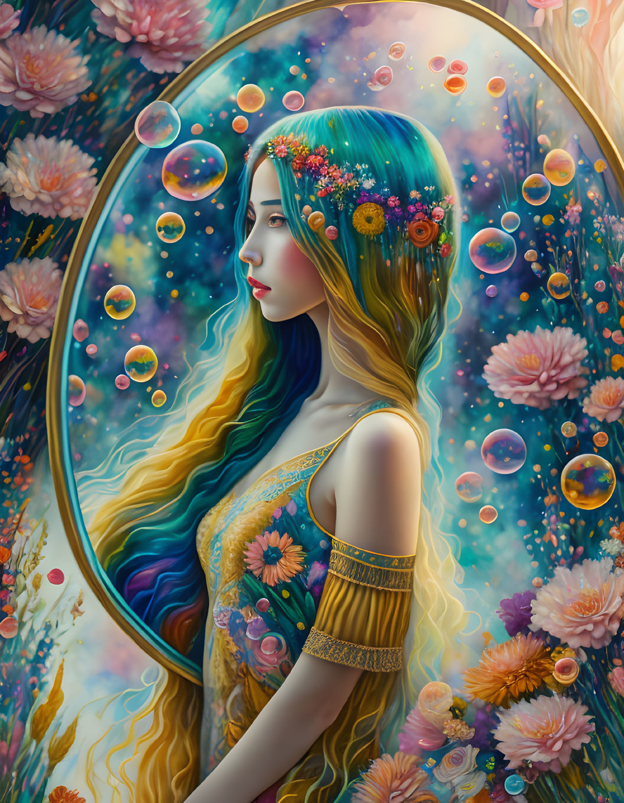 Woman with Blue and Gold Hair Surrounded by Flowers and Bubbles on Floral Background