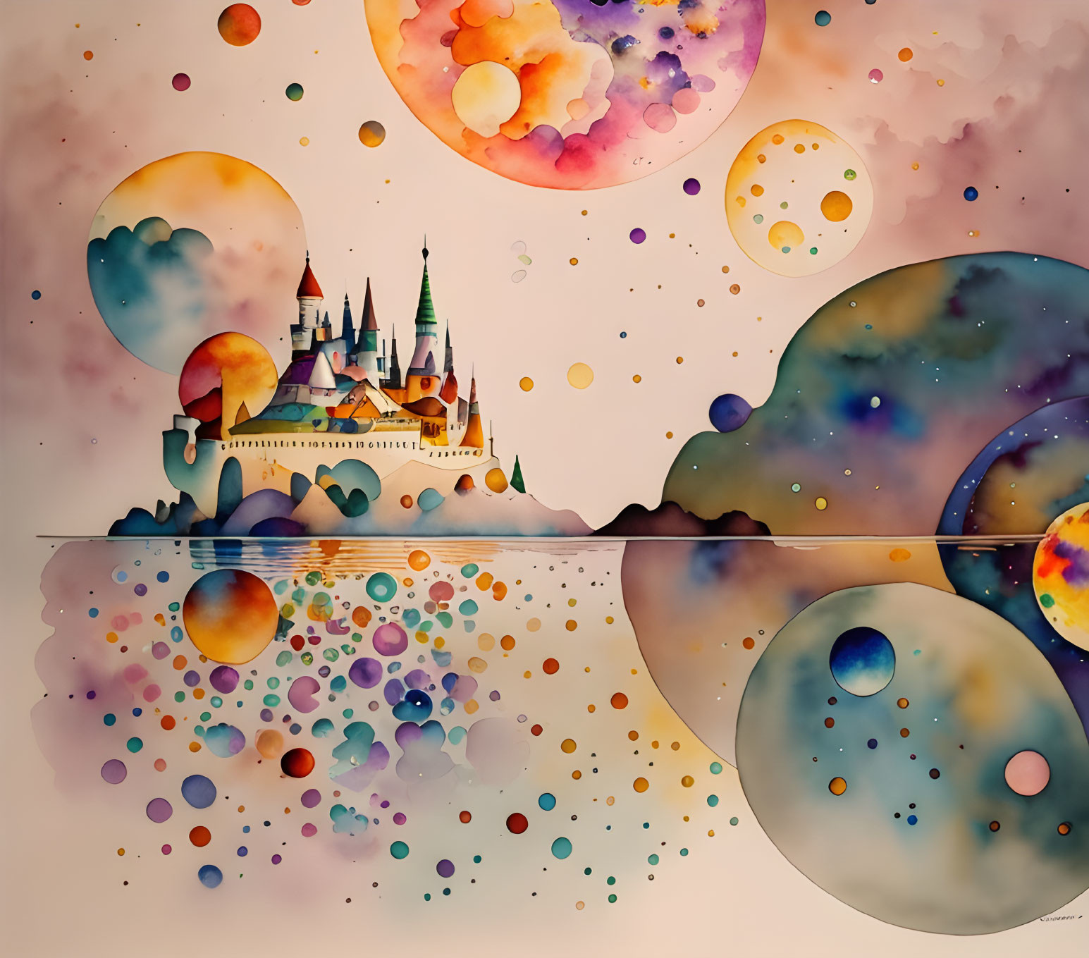 Fantasy castle watercolor illustration with celestial bodies and dreamy sky