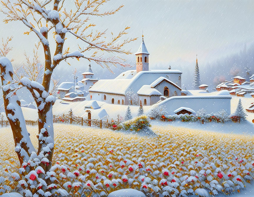 Snow-covered village with church, snowy trees, and flowers in falling snow