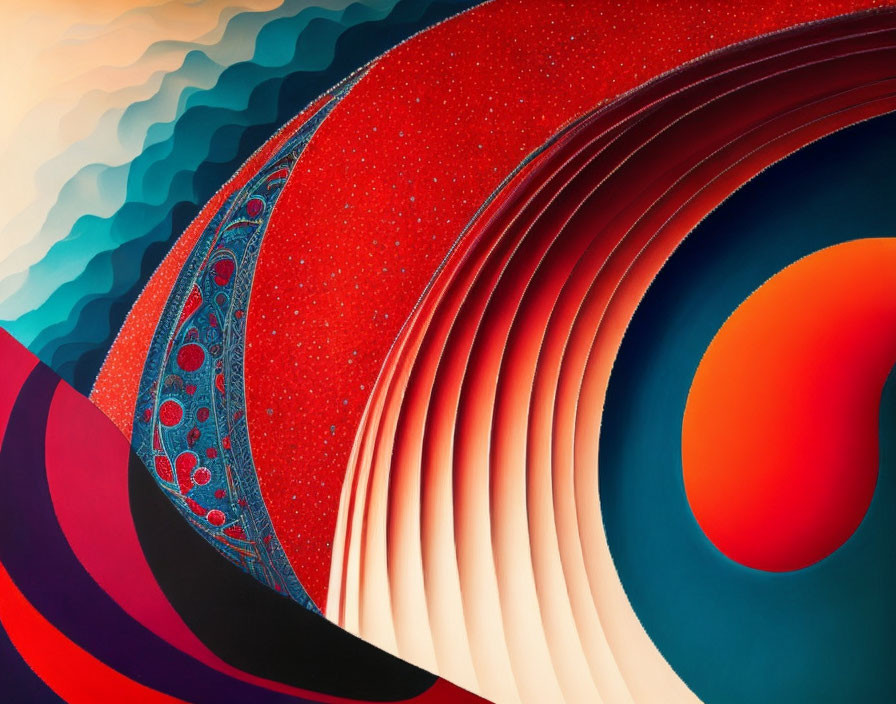 Colorful Abstract Artwork with Red, Blue, and Orange Waves