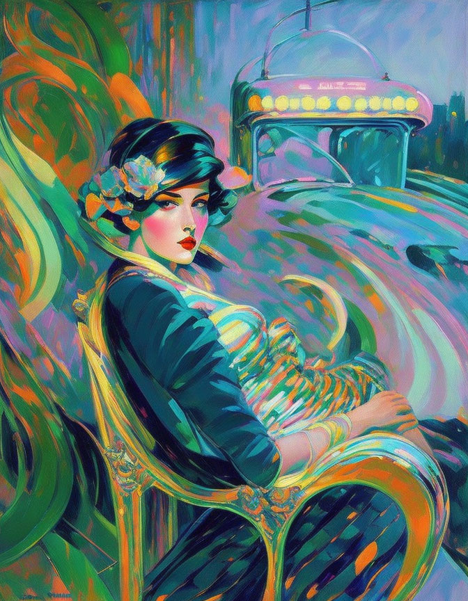 1920s style woman illustration in moody pose with neon colors and classic car.