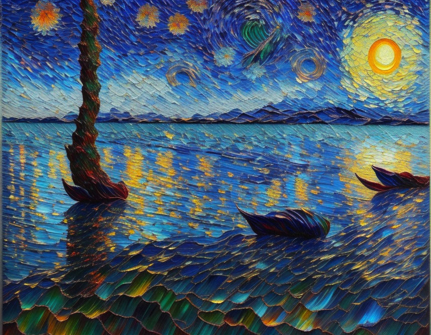 Impressionist style painting of starry night over serene water