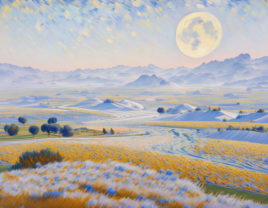 Tranquil moonlit landscape with yellow fields and distant mountains