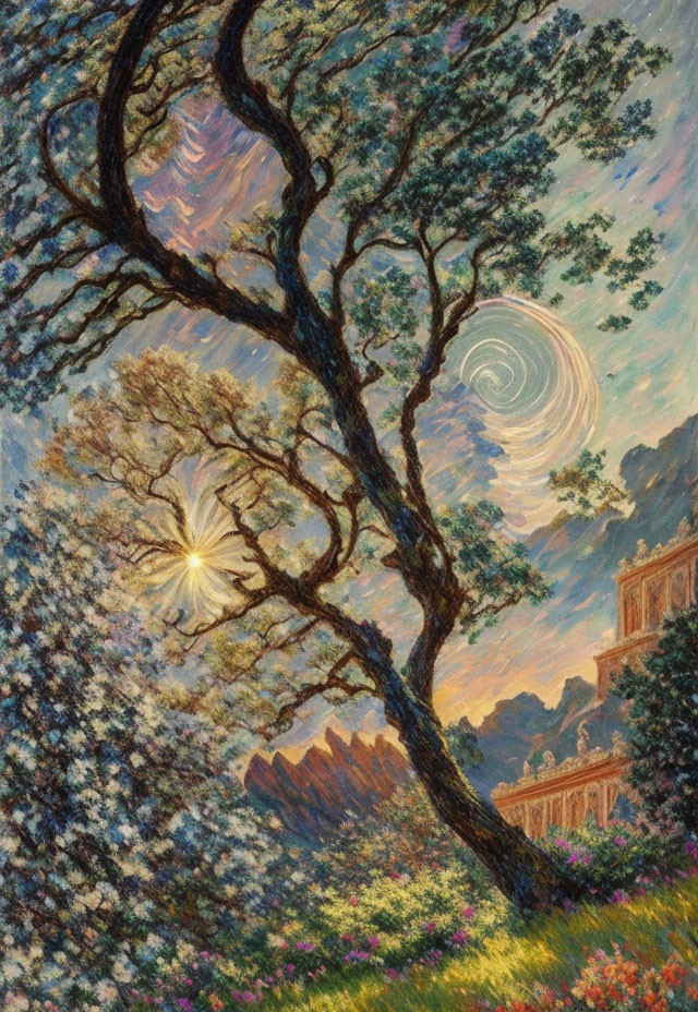 Vibrant Impressionist Painting of Tree, Sky, Star, and Building