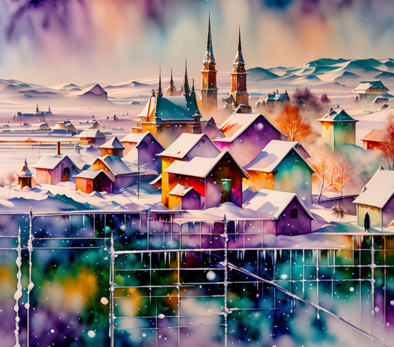 Snowy village painting with colorful houses and church steeples under twilight sky.