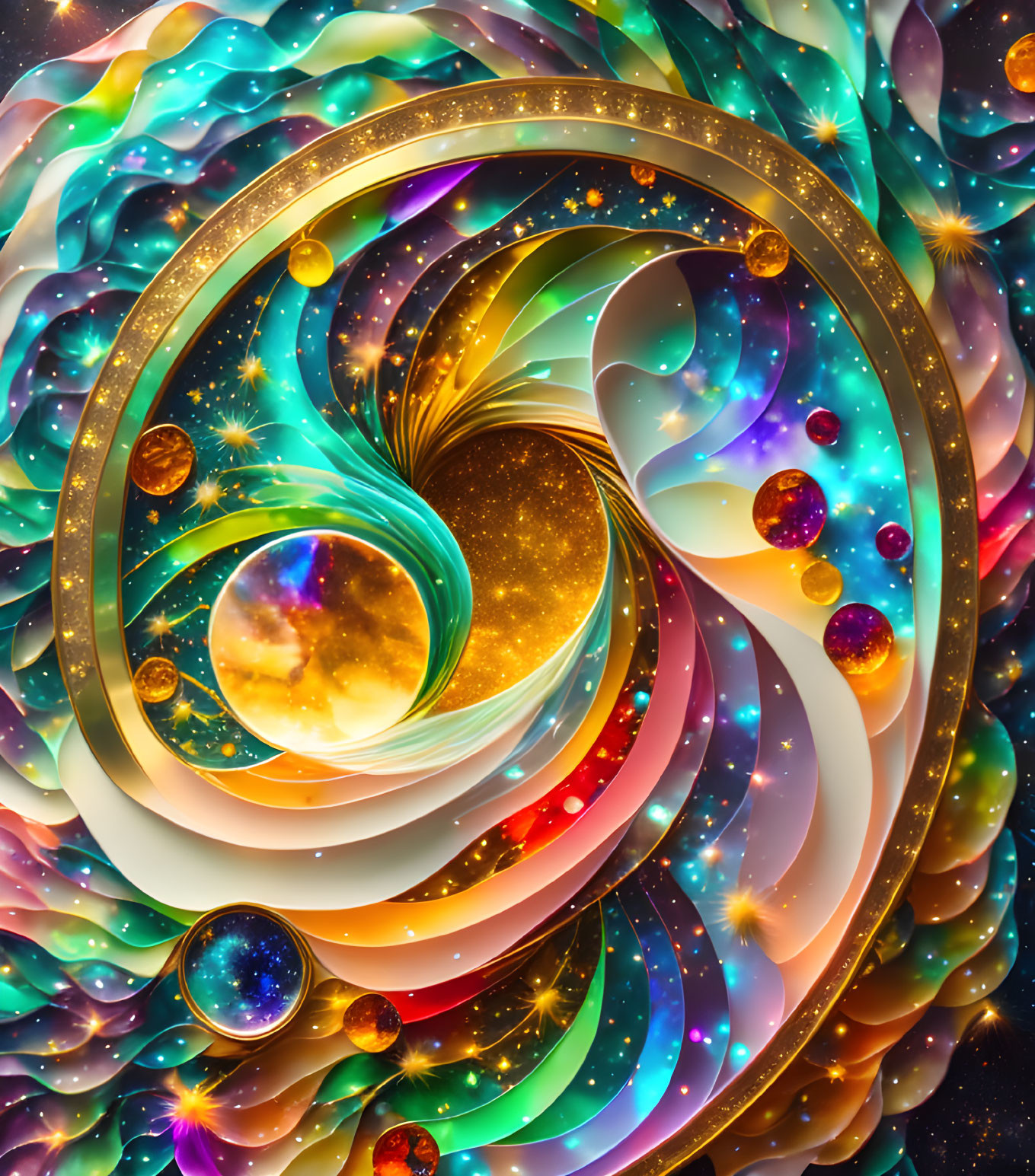 Colorful Abstract Swirl with Rainbow Layers and Celestial Background