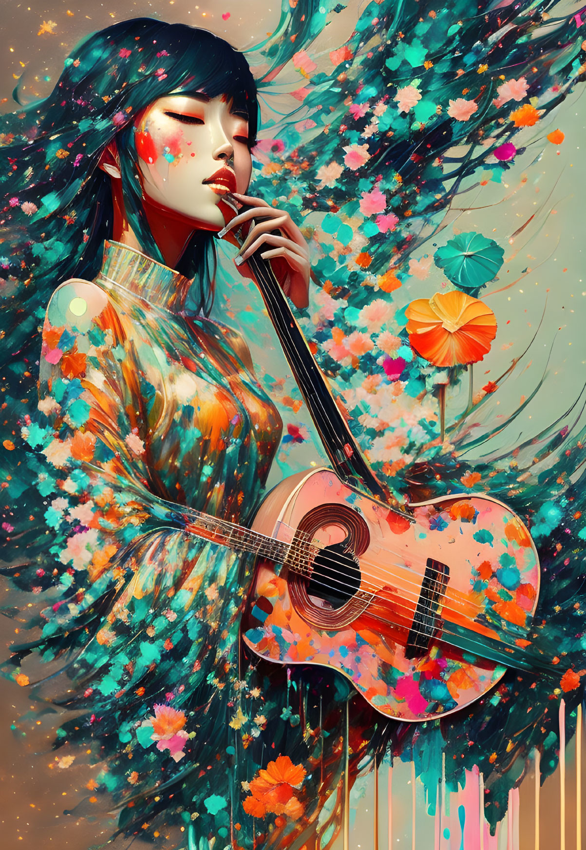 Woman with flowing hair holding guitar in vibrant, floral painting