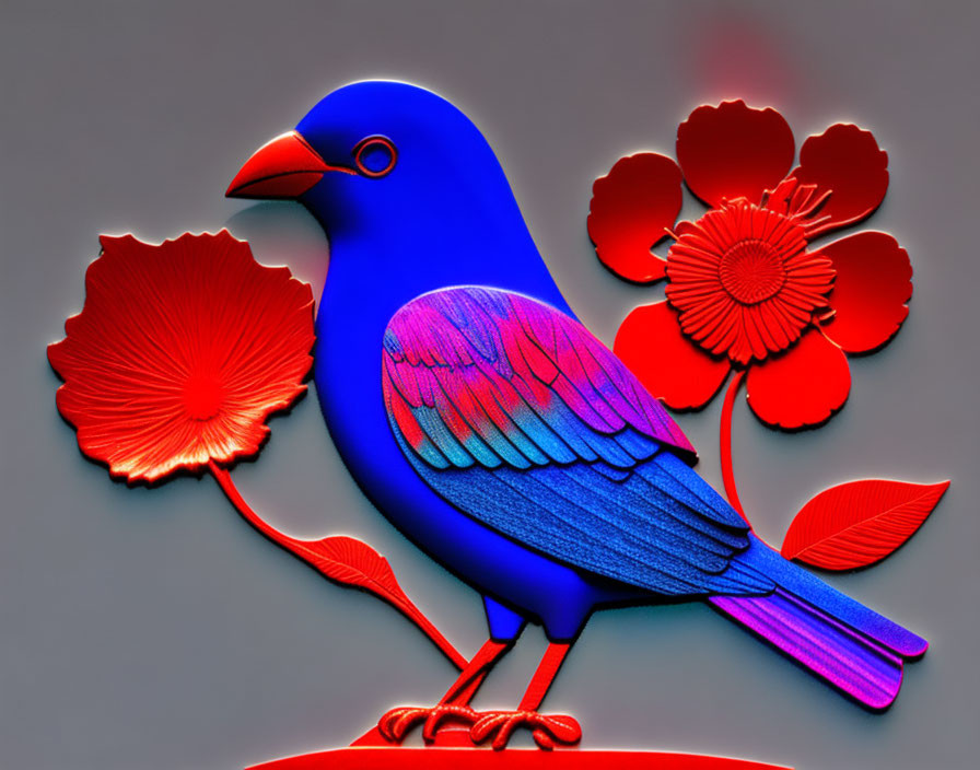 Vivid blue bird with gradient texture beside red flowers on grey background