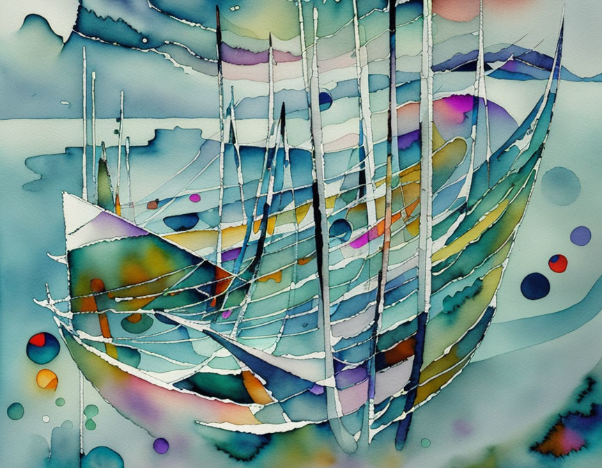 Vivid Abstract Sailboats Watercolor Painting