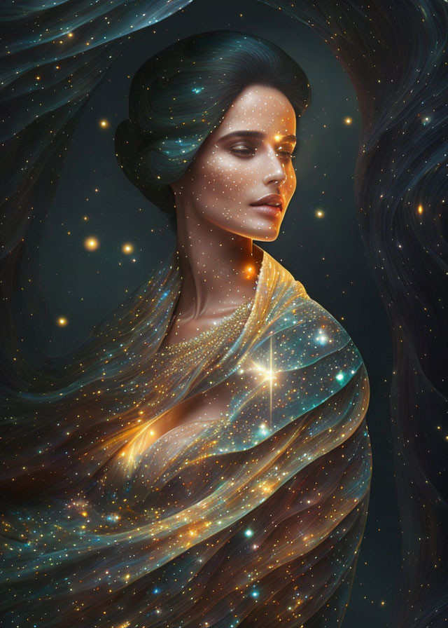 Ethereal woman with star-infused hair and cosmic shawl in serene gaze