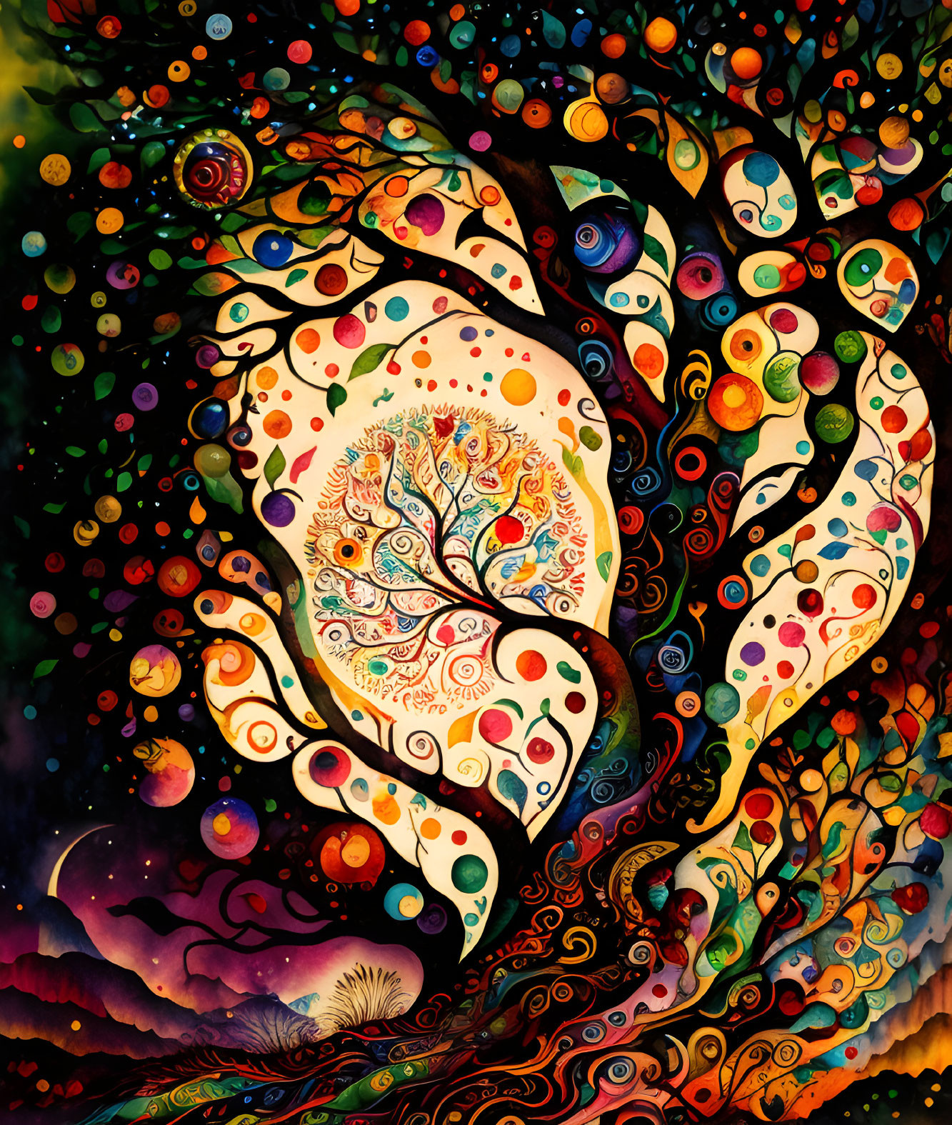 Colorful Abstract Artwork: Whimsical Tree with Celestial Orbs