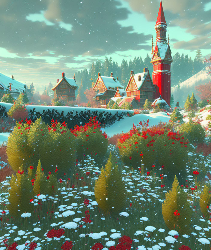 Winter landscape with red tower, cozy houses, snow-covered trees, and sunset.